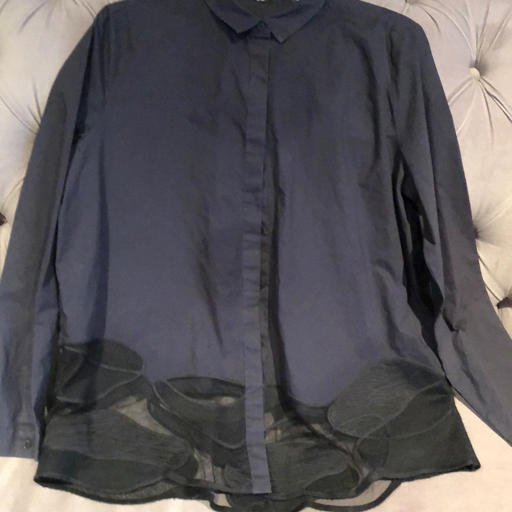 Women’s Navy Button-Up Blouse with Sheer Hem